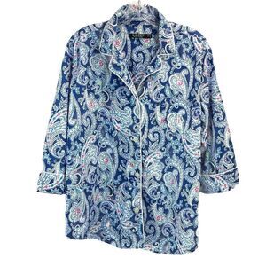LRL Ralph Lauren Pajama Top Womens XL Blue Paisley Cotton Sleep Shirt Sleepwear